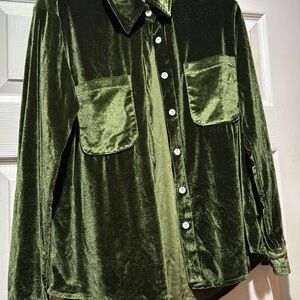 Velvet Button-Up Shirt in Olive Green